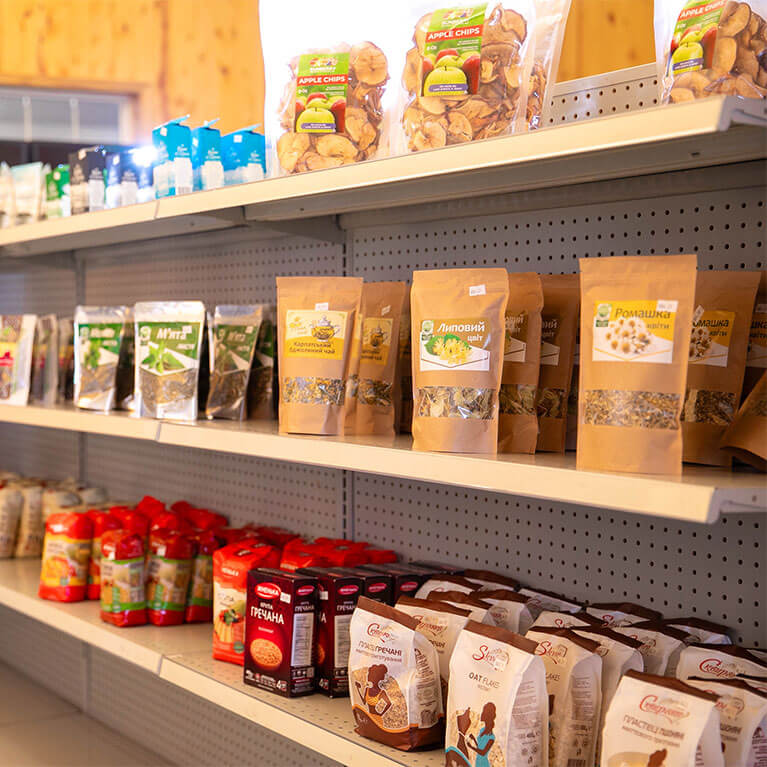 Assorted packaged food on grocery store shelves