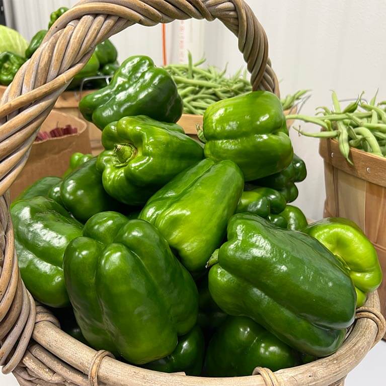Basket filled with fresh green bell peppers