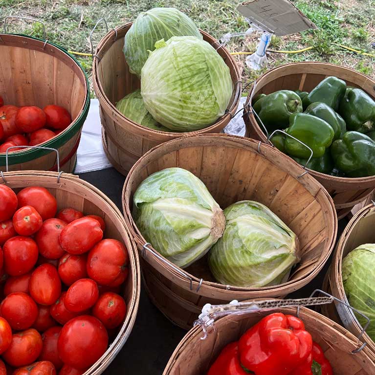 Fresh tomatoes cabbage and peppers at farmers market