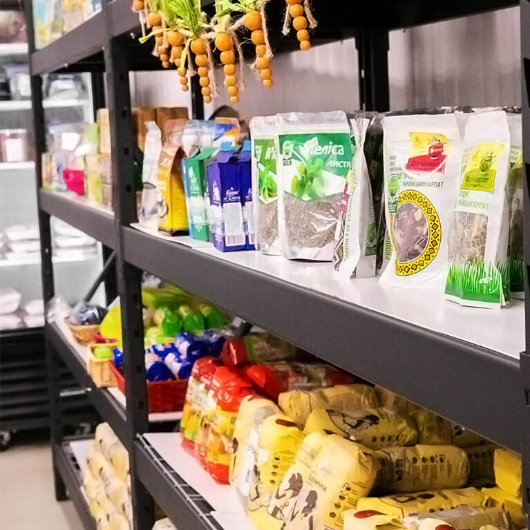 Grocery store shelves with packaged food products