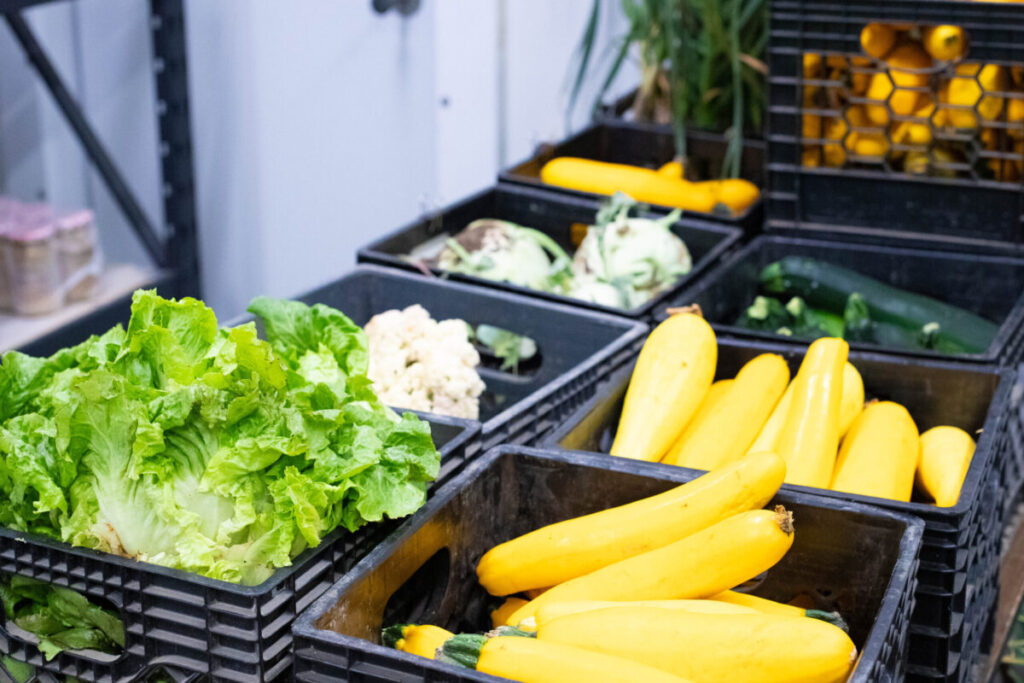 Fresh vegetables in black crates